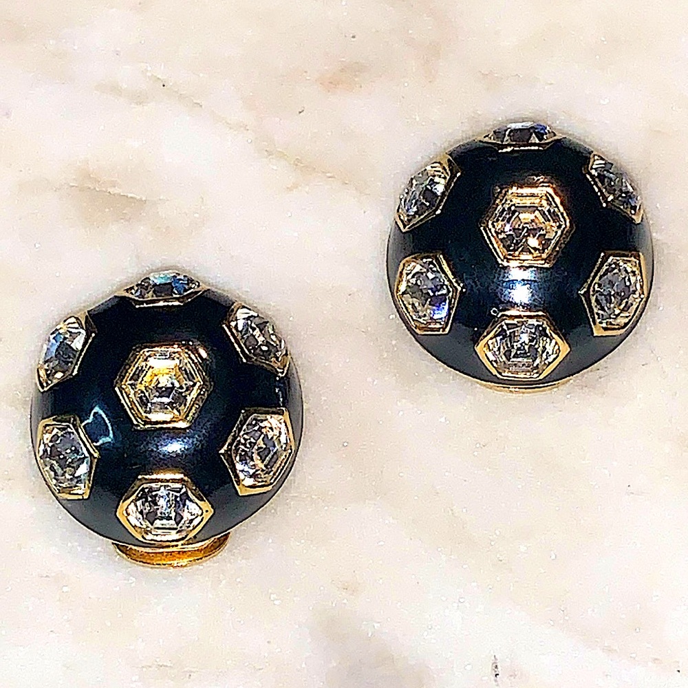 CHRISTIAN DIOR EARRING VINTAGE BLACK ENAMEL HEXAGON CRYSTALS ROUND 1980s